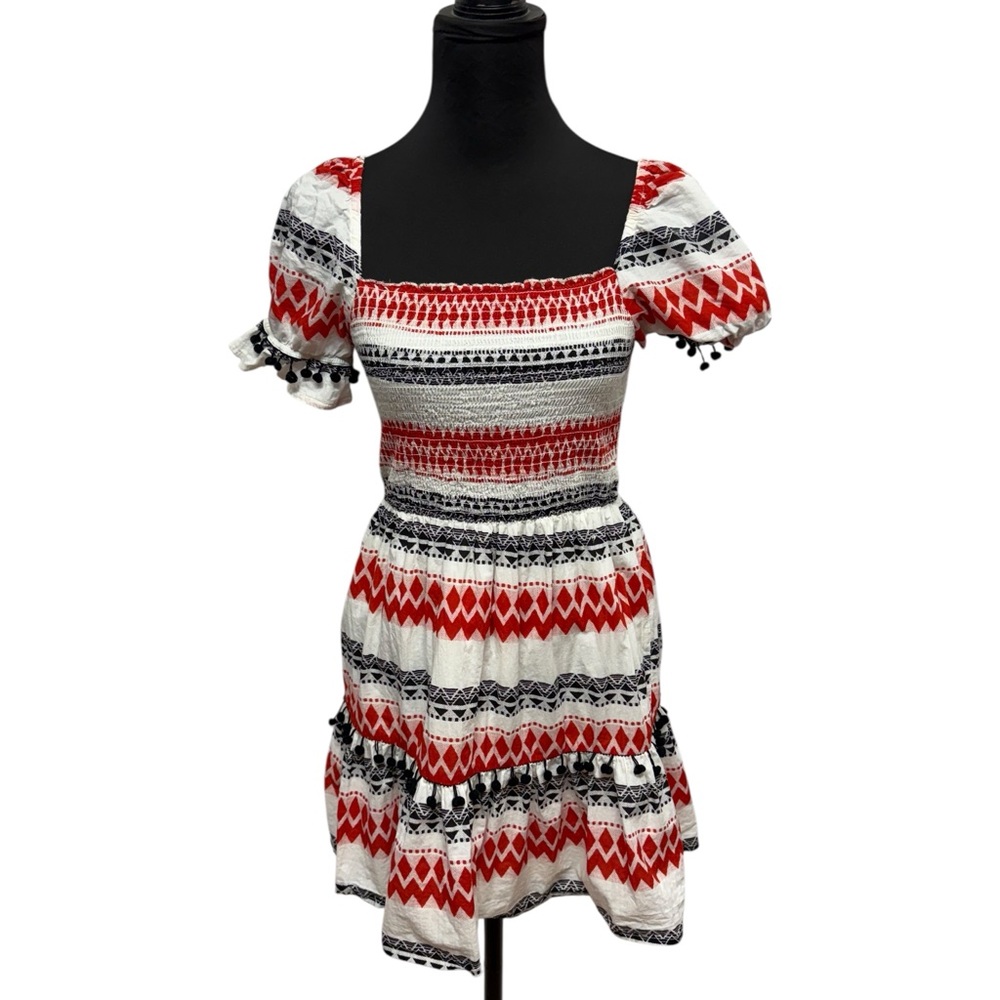 En Creme Medium Red Black Smocked Puff Sleeve Mini Dress Cottagecore Boho